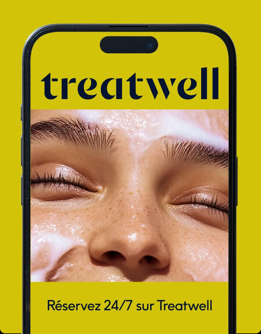 Smartphone affichant l'app Treatwell et l'invitation à réserver 24h/24